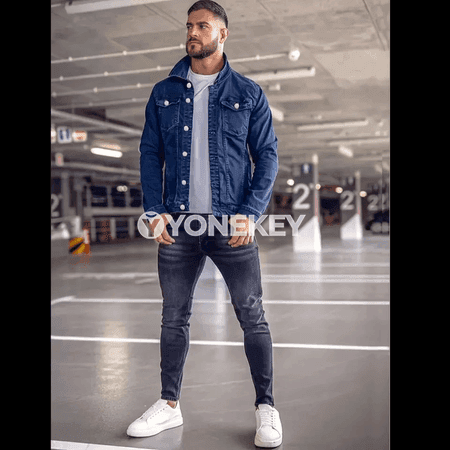 Erkekler üçin klassik denim jaket, jübülerli gündelik penjek