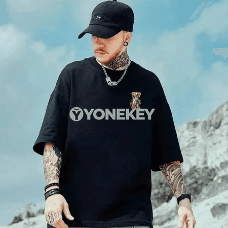 Erkekler üçin vintage aýy şekilli çaply giň futbolka, M-8XL
