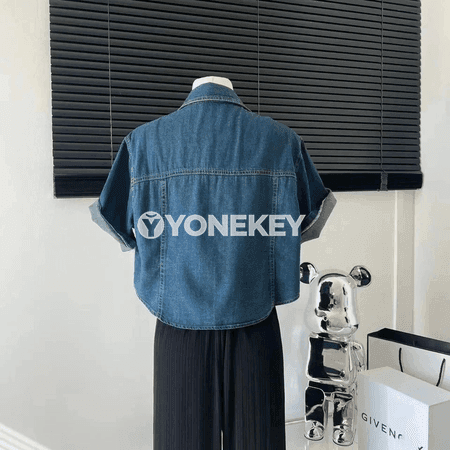 Zenanlar üçin denim köýnek-jaket, ýeňli ýeňil ýaz-tomus modeli