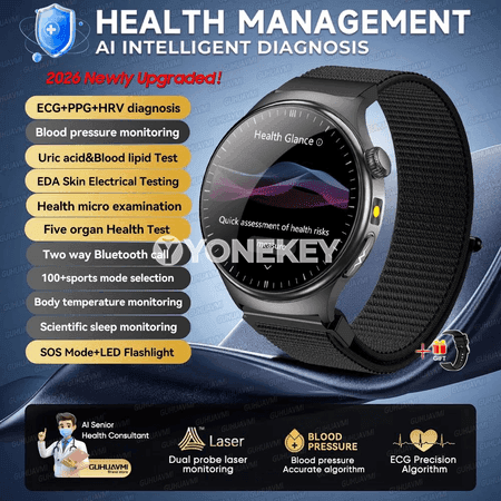2026 saglyk akylly sagat, gan basyşy, ýürek urşy, ECG+PPG, Bluetooth jaň