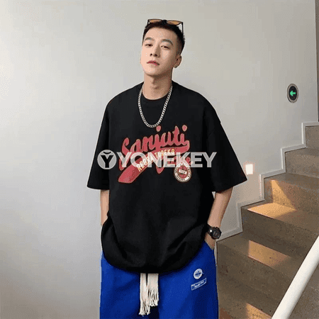 Koreýa usuly erkekler üçin giň kesimli SAN ýazgyly futbolka, 8XL çenli