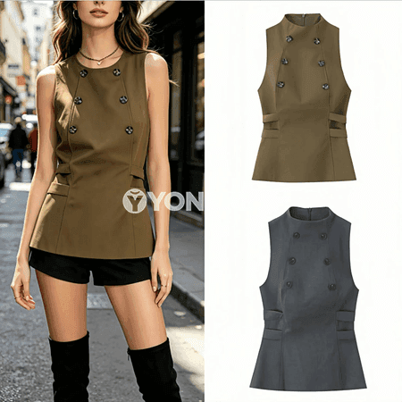 Zenanlar üçin ýeňsiz düwmejikli slim fit ýaz‑tomus topy