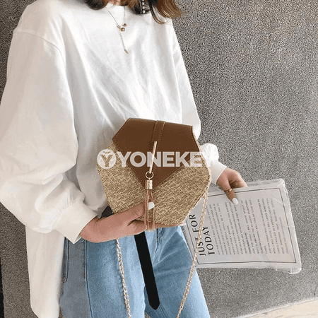 Aýallar üçin hexagon boho otly sumka, elde dokalan tomus modeli