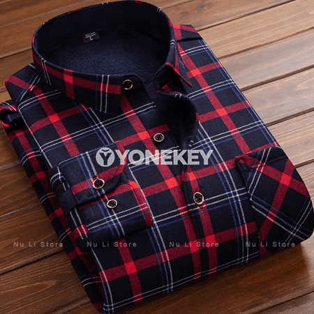 Erkekler üçin ýyly flişli plaid köýnek, uzyn ýeňli