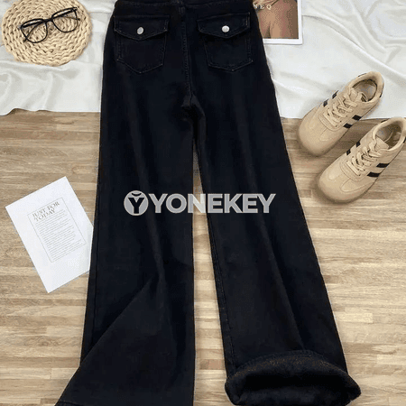 Ýokary belli giň balakly zenan jeans, uzyn we rahat model