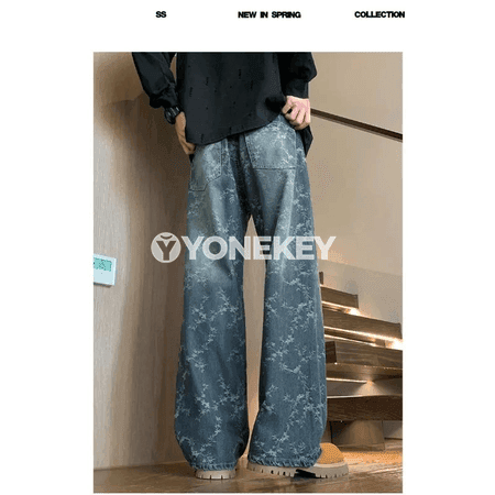 Erkekler üçin retro giň jeans, düz nogry kesimli, rahat stil
