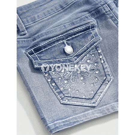 Zenanlar üçin beýikli denim şortik, bezegli daşly, tomusky stil