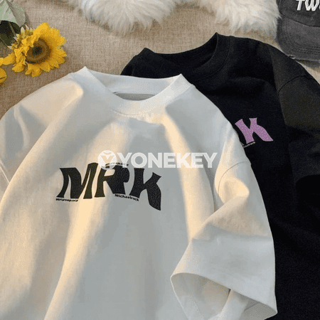 M-8XL erkek giň futbolka, MRK ýazgyly moda gündelik couple stil