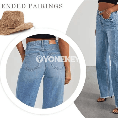 Aýal-gyzlar üçin giň gök jeans, giň balakly rahat denim