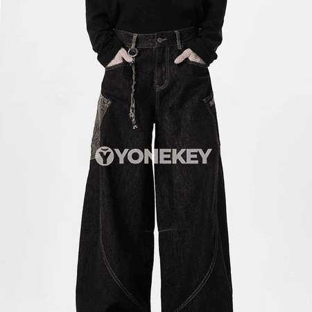 Erkekler üçin giň balakly patchwork jinsy, gündelik streetwear stil
