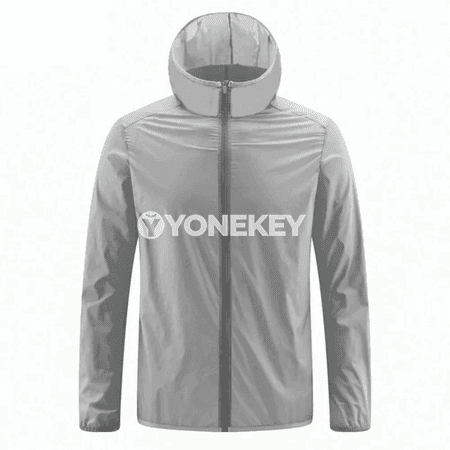 Erkekler üçin ýeňil howa geçirýän gün goragly kapýuşonly jaket
