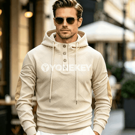 Erkekler üçin vintage jacquard Henley kapüşonly ýyly köýnek