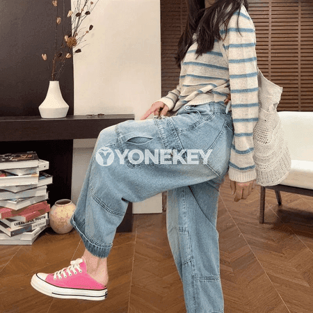 Zenanlar üçin beýik belli giň kesimli denim jalbar
