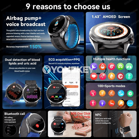 Saglyk üçin akylly sagat, ECG/PPG, NFC, BT jaň, 1.43" AMOLED
