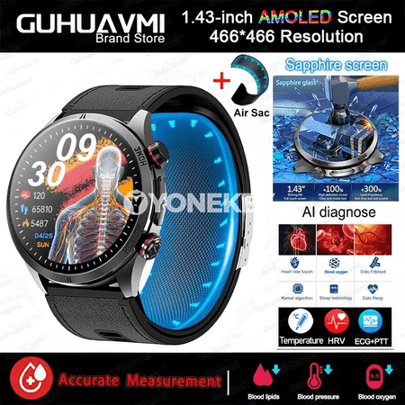 GUHUAVMI akylly sagat, saglyk gözegçiligi, ECG, NFC, 1.43 dýum AMOLED