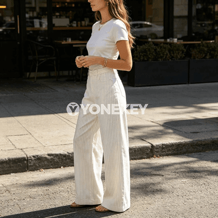 Aýal-gyzlar üçin giň balak jeans, ýokary belli, zolakly, gündelik stil