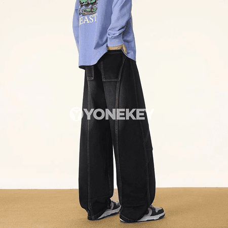 Erkekler üçin giň göwrümli, ýokary belli denim balak