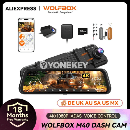 WOLFBOX M40 4K+1080P awto registrator, ses dolandyryşly öň-arka kamera