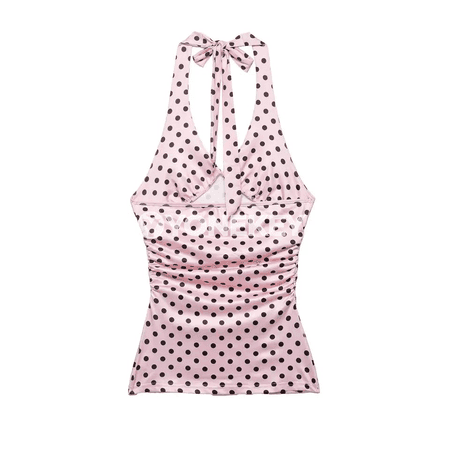 Zenanlar üçin polka nokatly ýeňsiz top, açyk eginli, tomusky